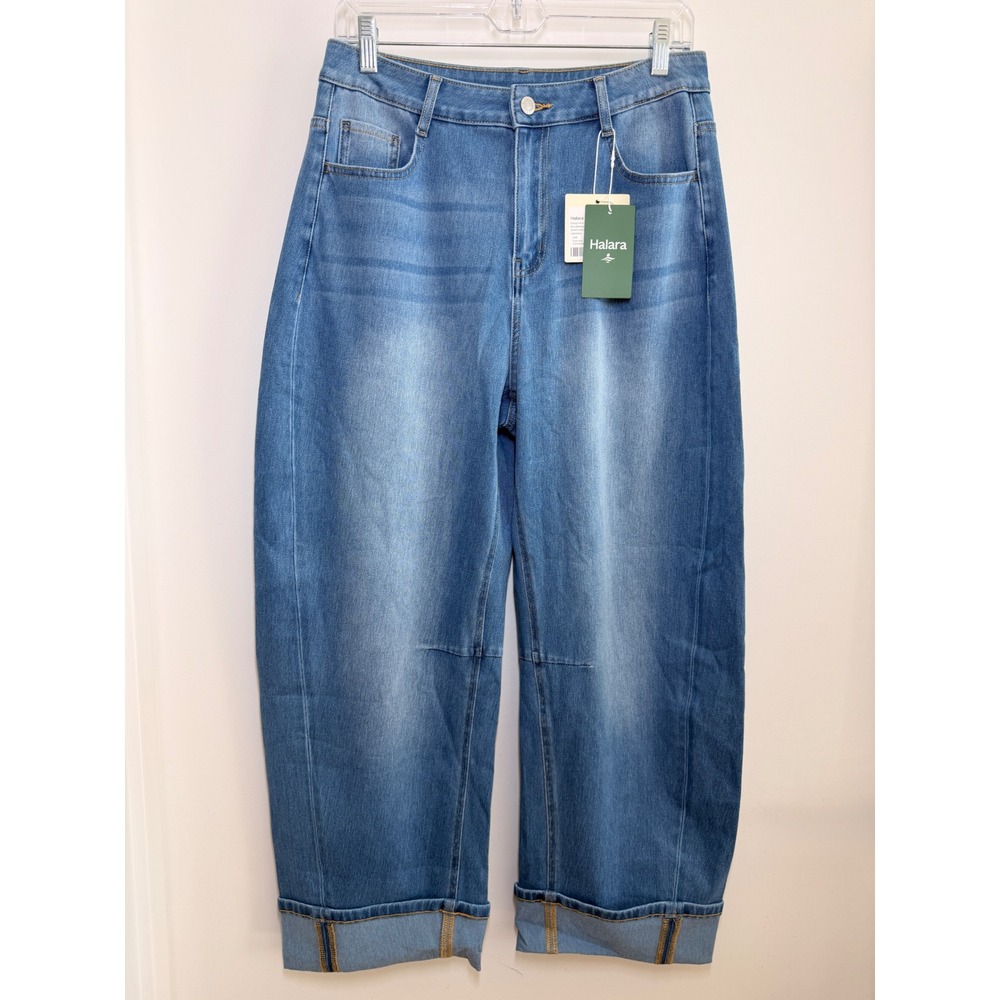 Halara Flex Denim Jeans Womens M Blue NWT Wide Leg High Waisted Cuffed Stretch